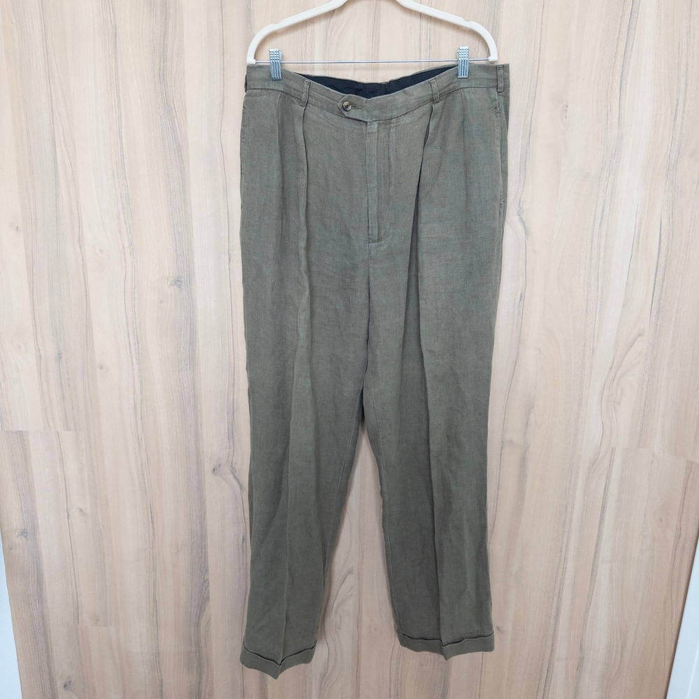 Harold's Mens Linen Pleated Pants 36 Olive Green Straight Leg Trousers Old Money